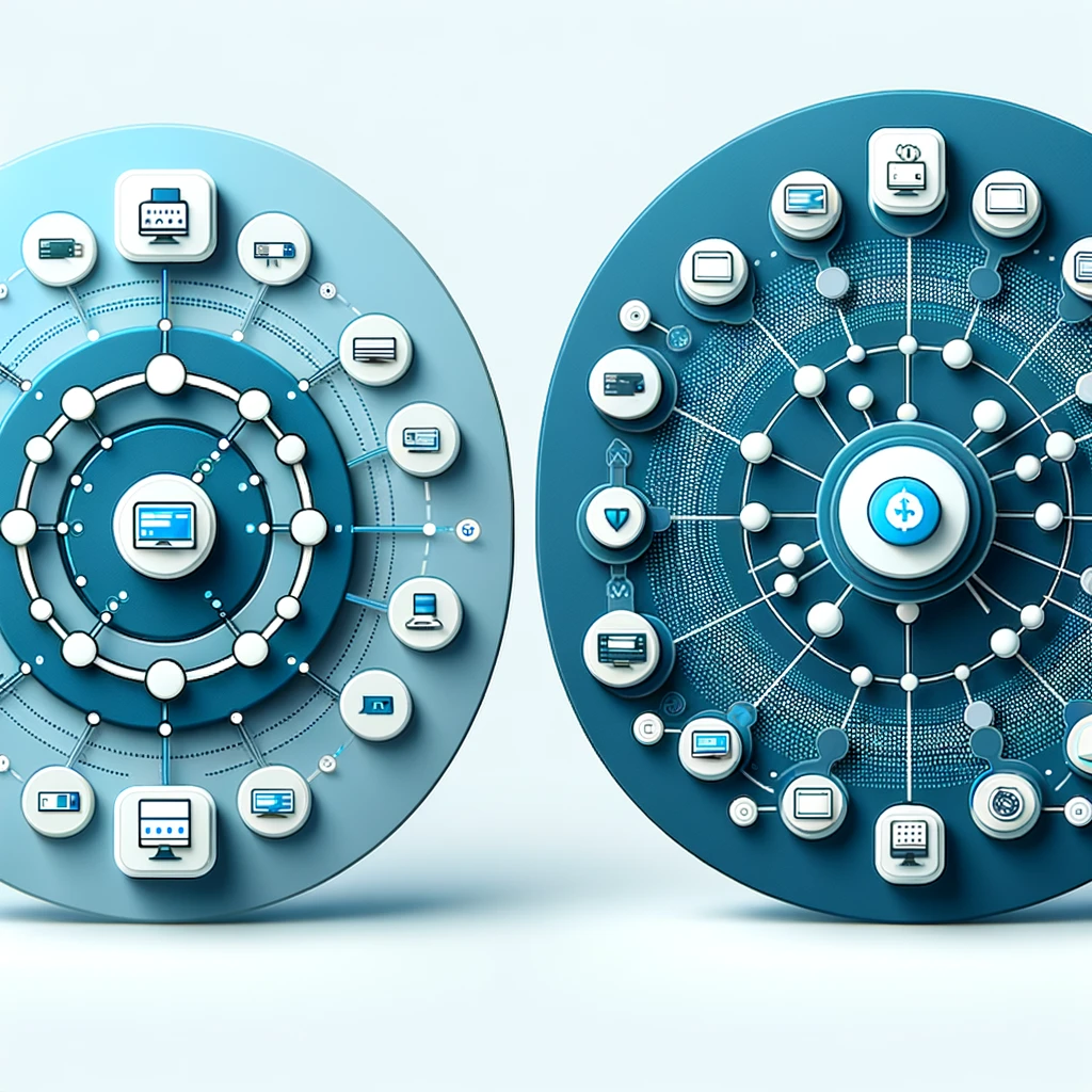 DALL·E 2024 05 23 10.32.43 A visually appealing image showing two interconnected payment systems. On the left a closed loop payment system depicted with a circular self contai