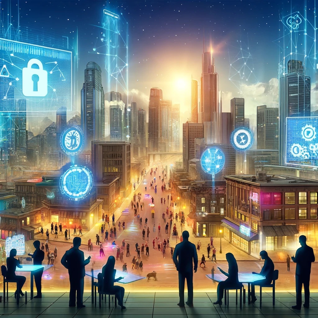 DALL·E 2024 05 23 14.00.10 A futuristic cityscape illustrating the advancements in blockchain technology. The scene includes a bustling urban environment with digital screens di