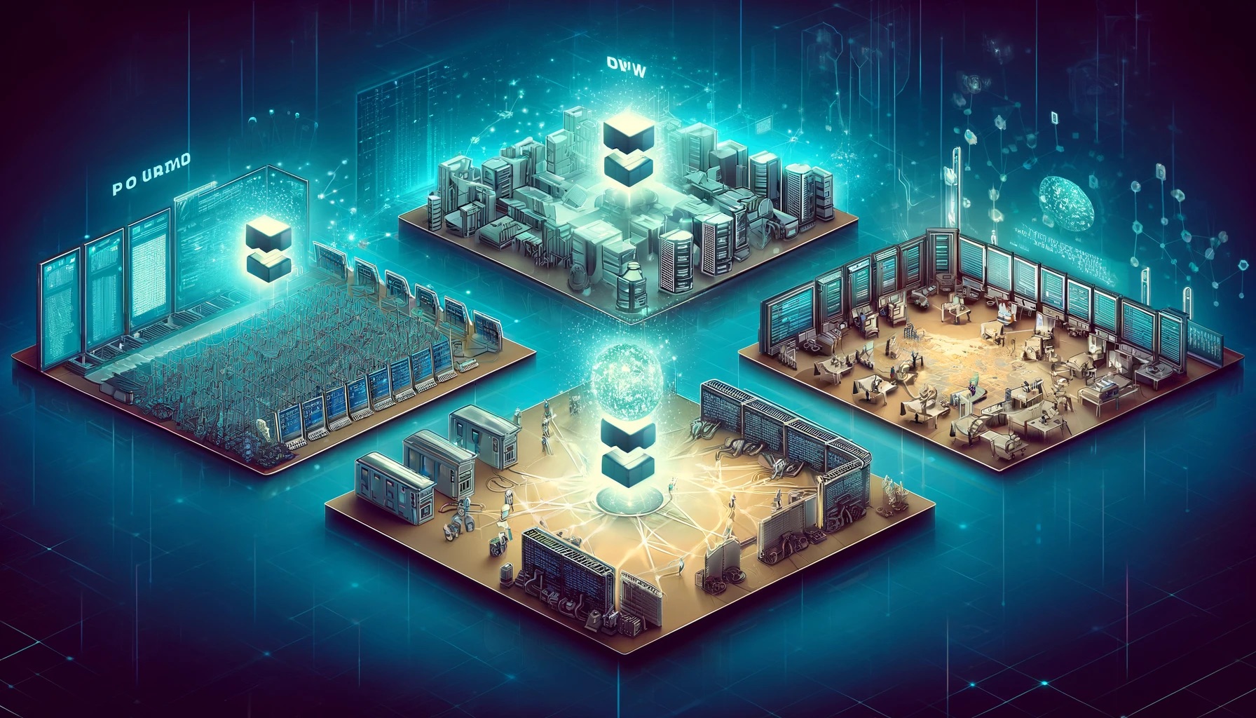 DALL·E 2024 05 23 14.07.32 A wide illustration showing three distinct sections representing different consensus protocols in blockchain Proof of Work PoW Proof of Stake PoS