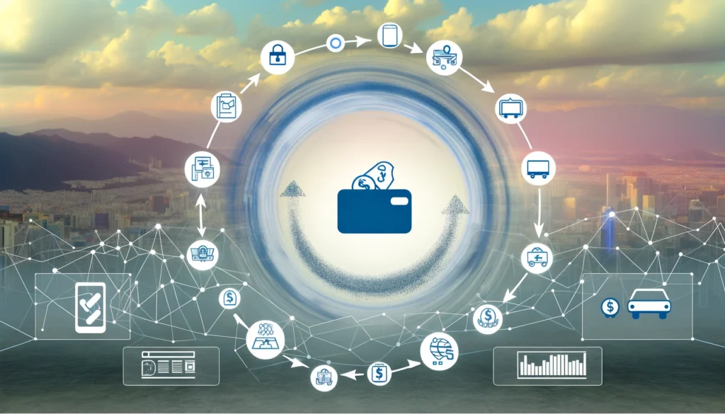 DALL·E 2024 05 27 17.41.34 A detailed landscape illustration representing closed loop payment systems. The image shows a circular flow of money and data between businesses and c