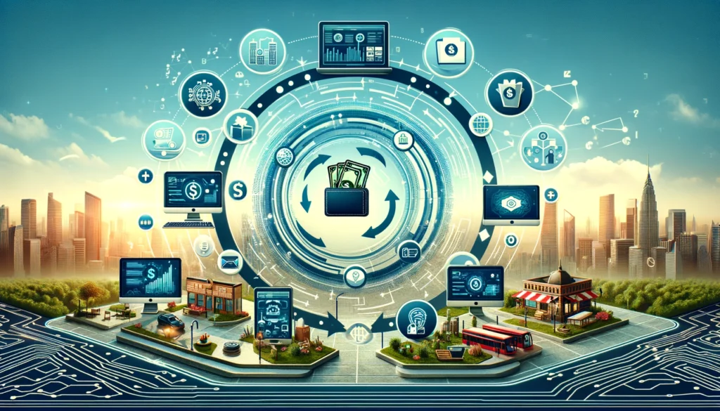 DALL·E 2024 05 27 17.42.50 A detailed landscape illustration representing closed loop payment systems. The image shows a circular flow of money and data between businesses and c 1