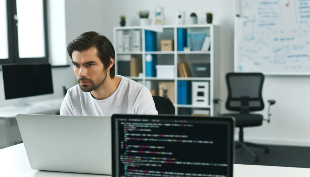 DALL·E 2024 05 31 17.01.11 A focused software tester working at their desk in a modern office environment shown in landscape mode. The tester is seated with a laptop reviewing