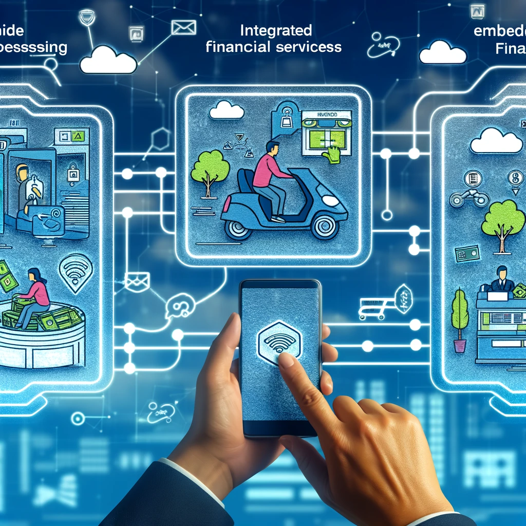 DALL·E 2024 06 05 11.18.01 A clear and detailed illustration depicting the concept of embedded finance. The image shows three distinct scenarios a person using a ride sharing a