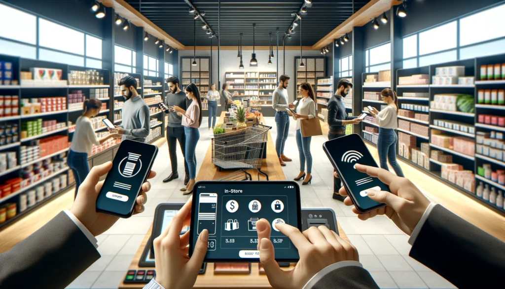 DALL·E 2024 06 15 01.03.43 A busy retail store where customers are using an in store app to make purchases. The scene features multiple customers holding smartphones and using t