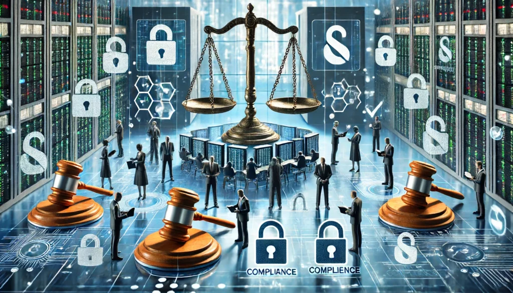 DALL·E 2024 06 15 01.20.17 A scene illustrating financial regulation with no text. The image includes symbols such as scales of justice gavels padlocks and compliance checkma