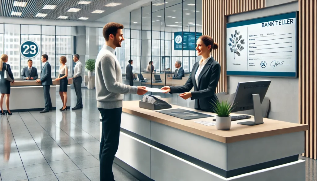 DALL·E 2024 07 16 02.25.40 A scene showing an interaction between a bank teller and a customer in a modern bank. The bank teller dressed in professional attire stands behind a