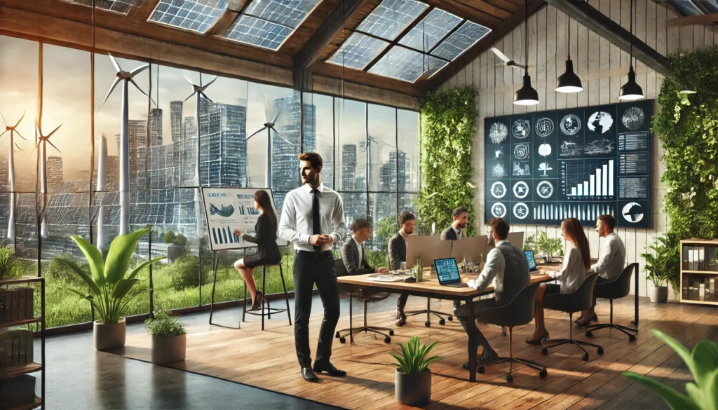 DALL·E 2024 07 29 01.04.52 A tech CEO working in a sustainable company. The scene is set in a modern eco friendly office with large windows showcasing a