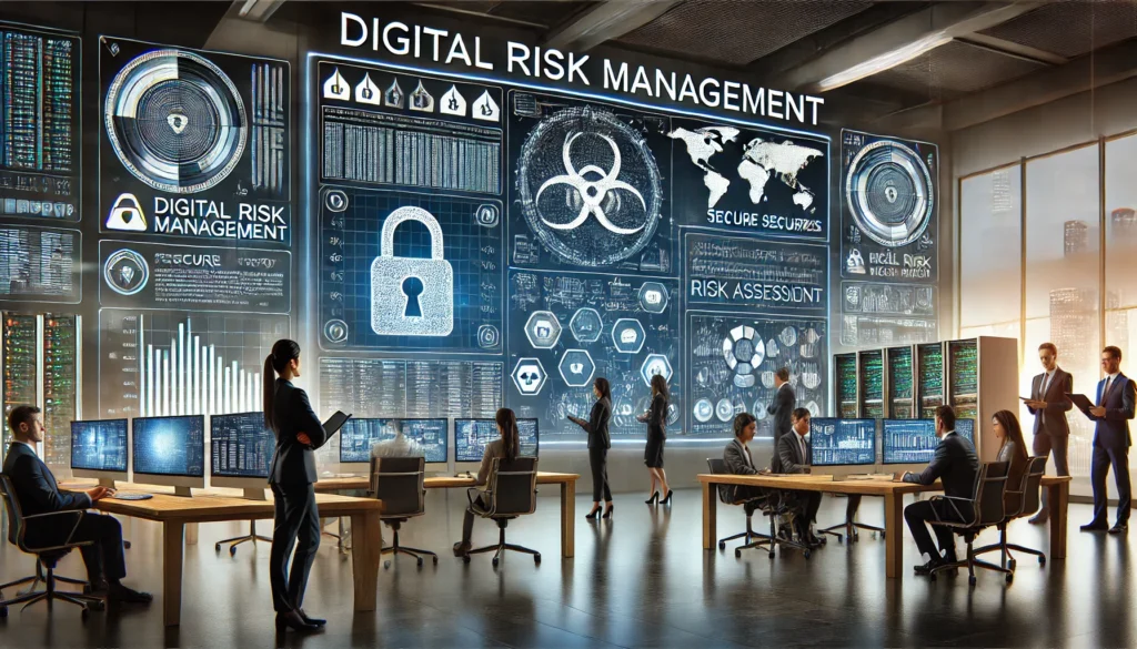 DALL·E 2024 07 29 01.10.16 A digital risk management scene in landscape mode. The setting is a modern office with a large screen displaying complex data