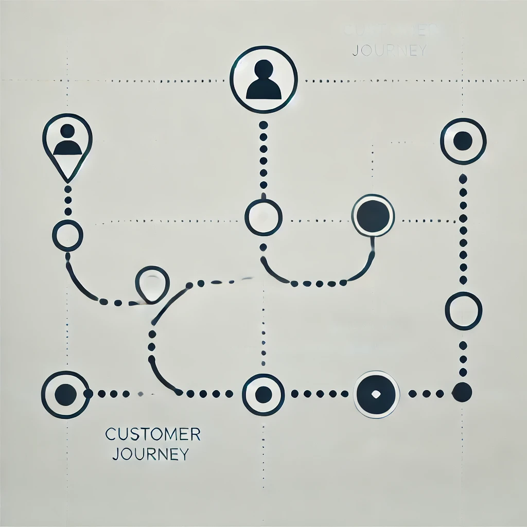 DALL·E 2024 08 06 14.54.37 A simple and clean infographic illustrating a customer journey map in a monochrome color scheme. The design should include a starting point represente