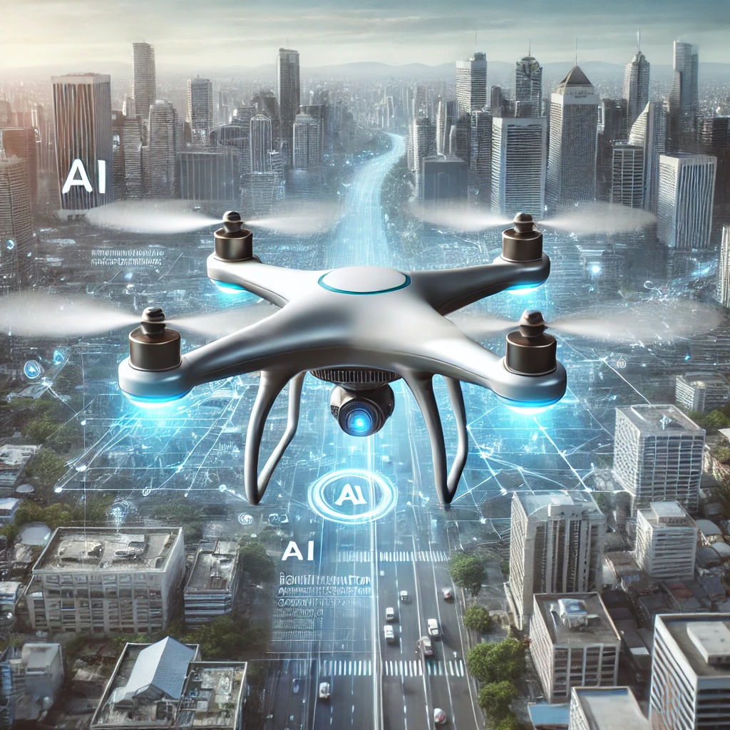 DALL·E 2024 09 17 14.23.54 A sleek futuristic drone flying autonomously through a cityscape powered by AI. The drone has sensors and a streamlined design with visual effects